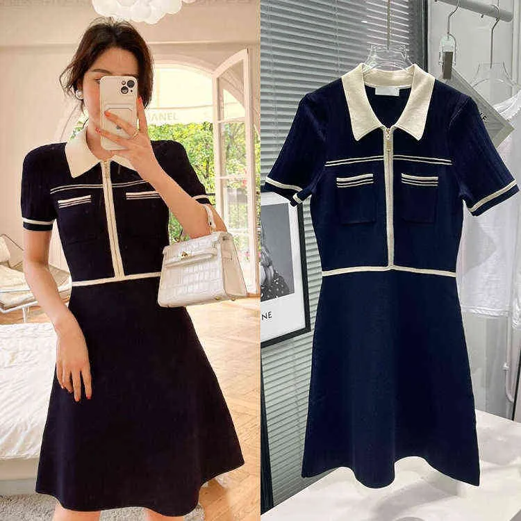 spring summer French College style polo collar new women's dress simple Lapel zipper knitted short sleeved skirt
