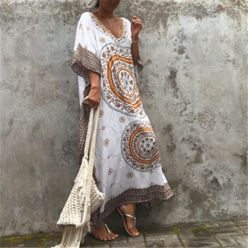 Oversize Indie Folk Printed Caftan Beach Dress Plus Size Side Split Half Sleeve Women Summer Beachwear Long Cotton Robe de plage 220510