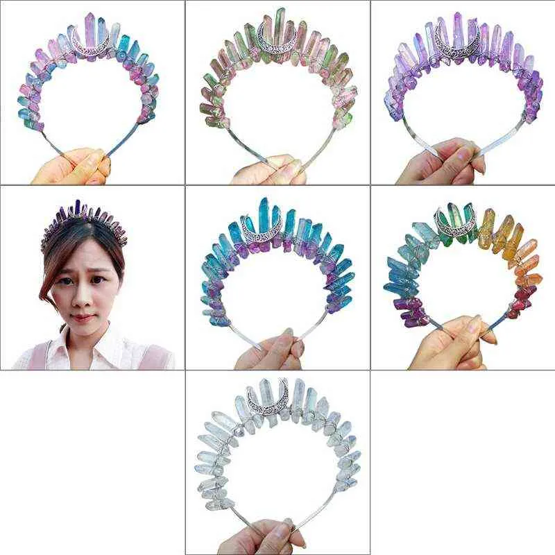 Bridal Jewelry Crescent Moon Tiara Crown Rainbow Raw Quartz Crystal Headband C1FE AA220323