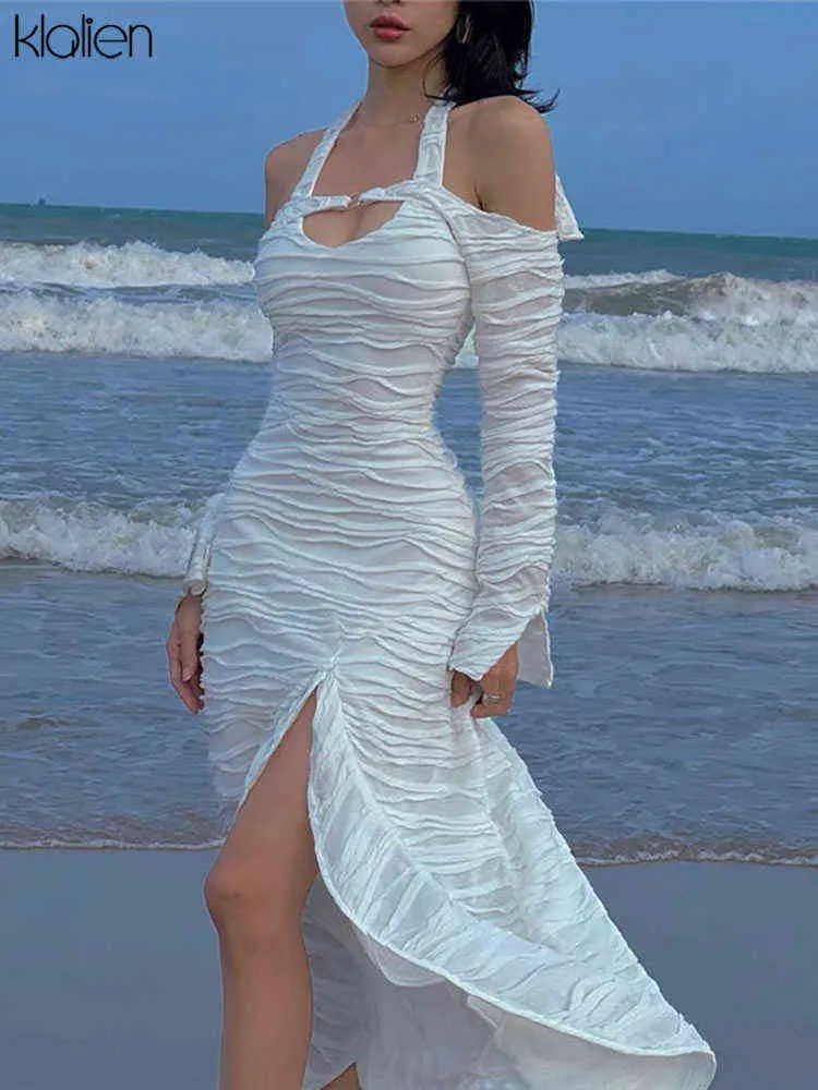 Klalien Moda Elegancki Francuski Romantyczny Romantyczny Solid White Maxi Sukienki Kobiety Plaża Wakacje Styl Sexy Off Ramię Halter Sukienki Y220401