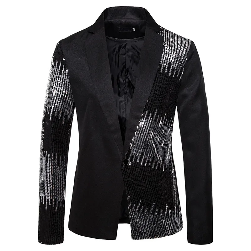 Стиль Блестящий черный блестящий костюм с блестками Пальто Мужской приталенный пиджак с одной пуговицей Мужская вечеринка Сценический пиджак для певицы S-2XL 220527