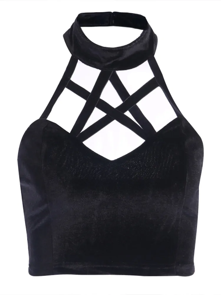 Insgoith Goth Pentagram Черный Camis Винтаж Vellvet Sexy Corset Tops Gothic Halter Backbload Day Out Tops Basic Streetwear 220407