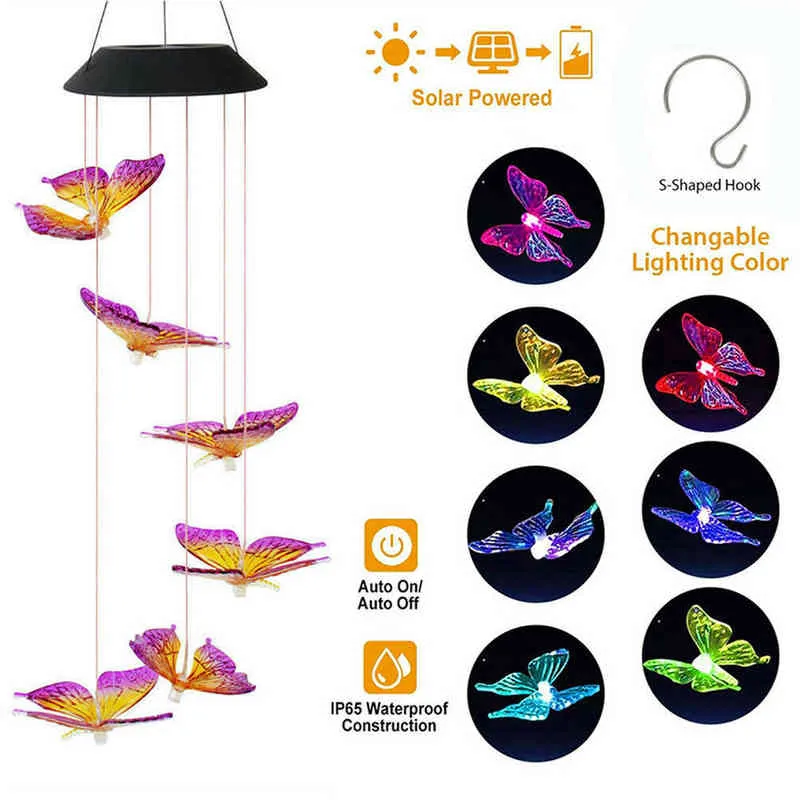 LED -färgbyte Solar Wind Chime Lätt vattentät utomhus Windchime Fjäril Lätt solhängande lampa för trädgårdsdekoration J220531