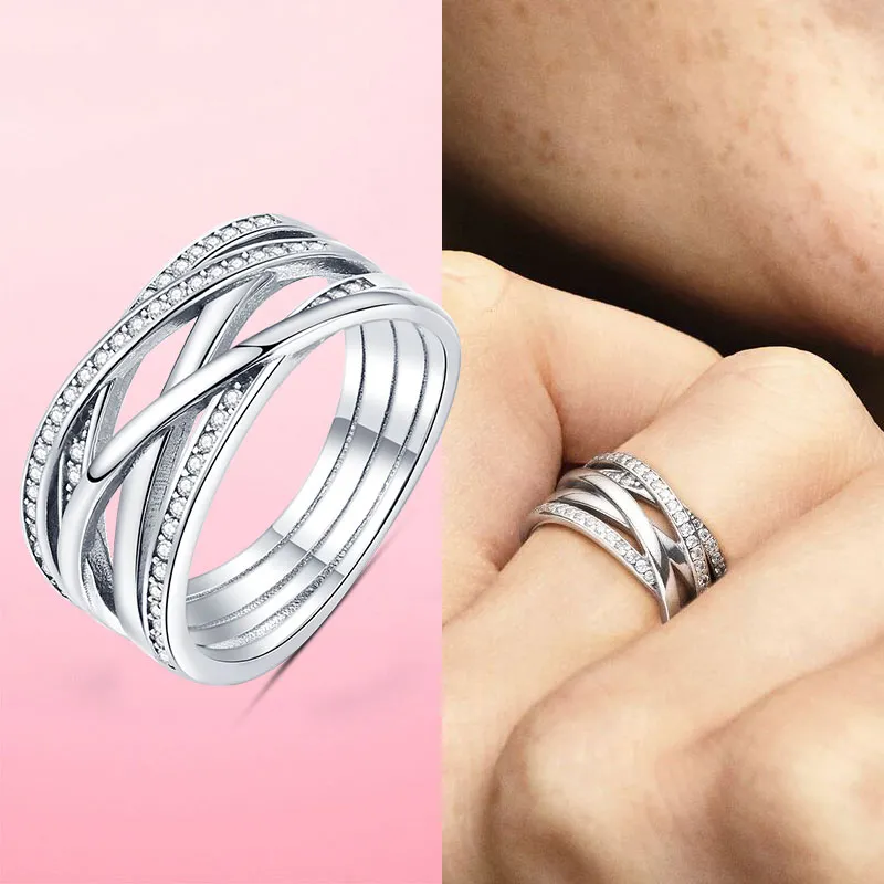 Brandneue 925 Sterling Silber Gold Ringe funkeln polierte Linien Rosépave Hochzeit Engagement DIY Originalschmuck für Frauen