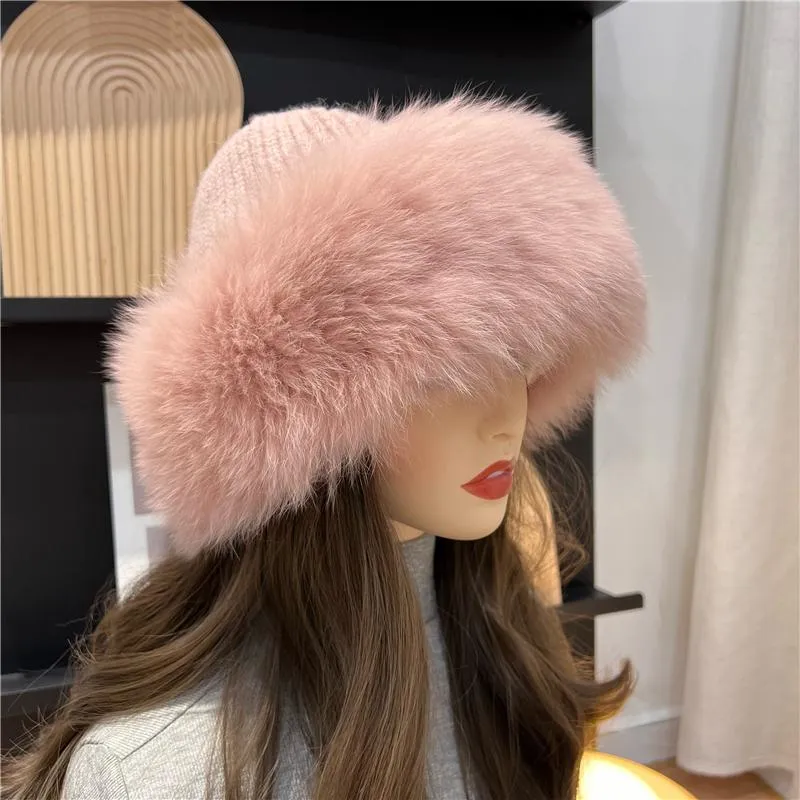 Beanie Skull Caps Women Winter Warm Thick Hat With Real Fur Trimmed Girls Fluffy Cap Knitted Wool Outdoor BeaniesBeanie Skull Bean261C