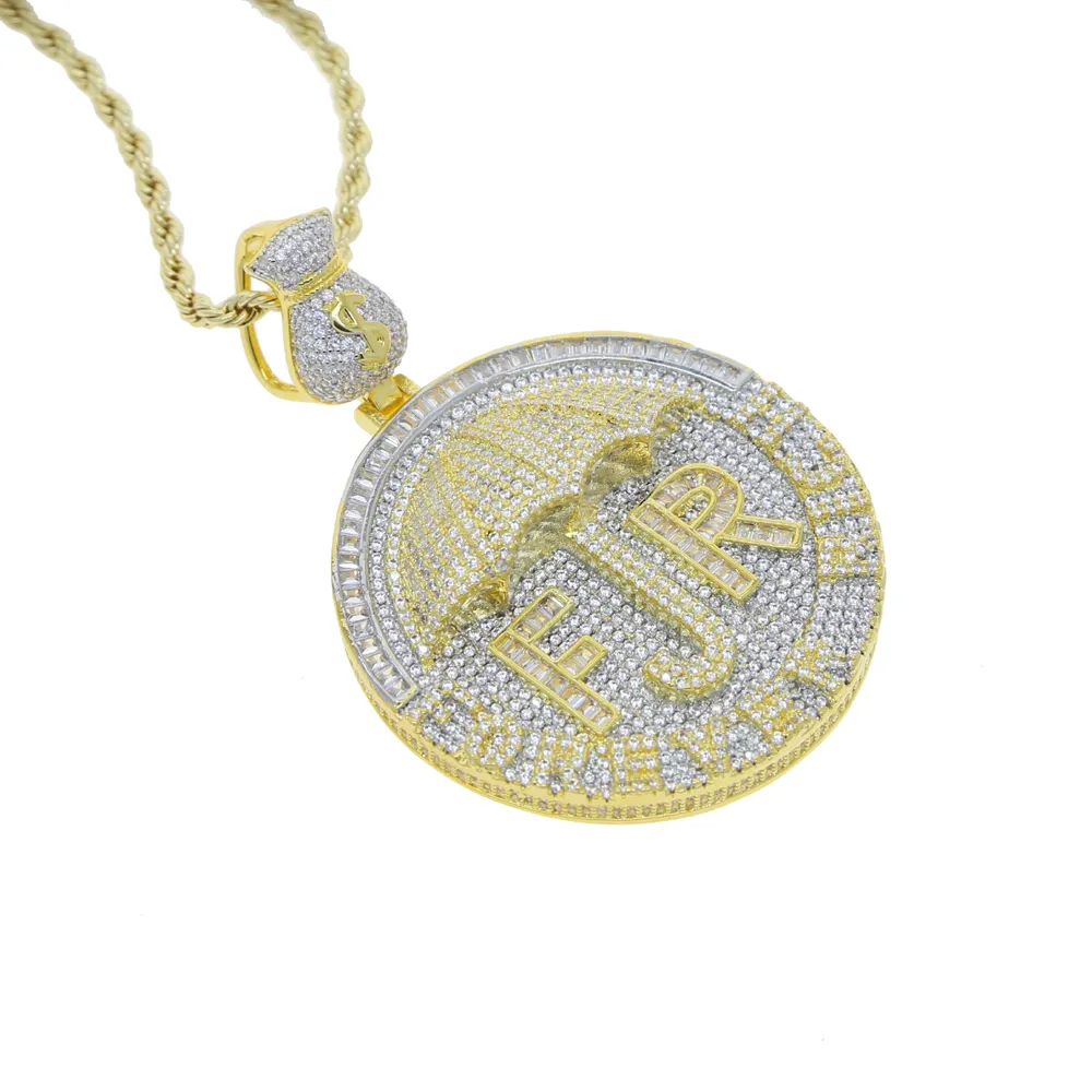 Ny Iced Out Money Dollar Paraply Forever Rich Letter Necklace Two Tone Color Bling 5A Cubic Zircon CZ Pendant Hiphop Jewelry259d