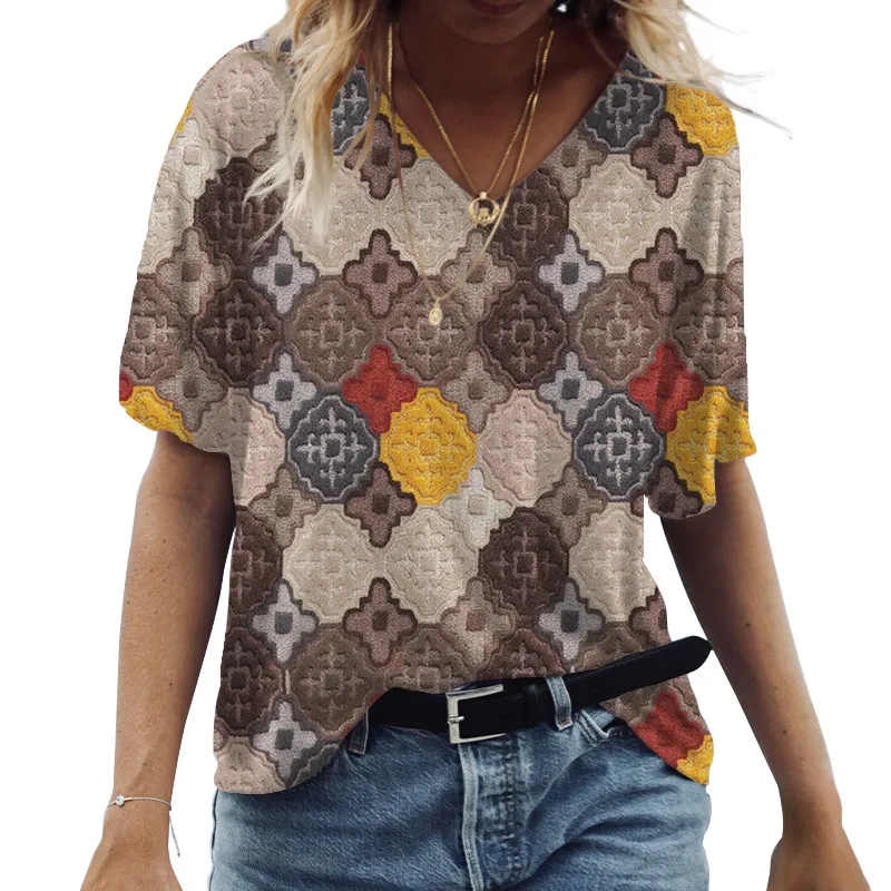 Kvinnor S Summer Cotton T Shirt Abstrakt Grafik 3D Printing Casual mode Kort ärm V Neck Loose Streetwear Retro Top 220714