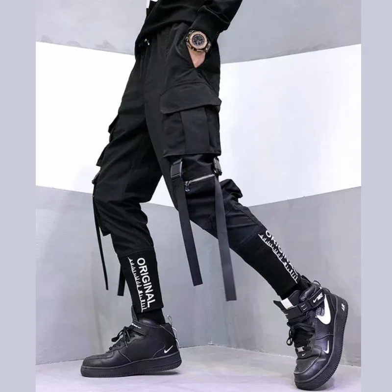 Şık Japon Moda Harajuku Hip Hop Sokak Giyim Kargo Pantolon Erkekler İçin Şerit Cepleri Joggers Techwear Erkek Pantolon 220705