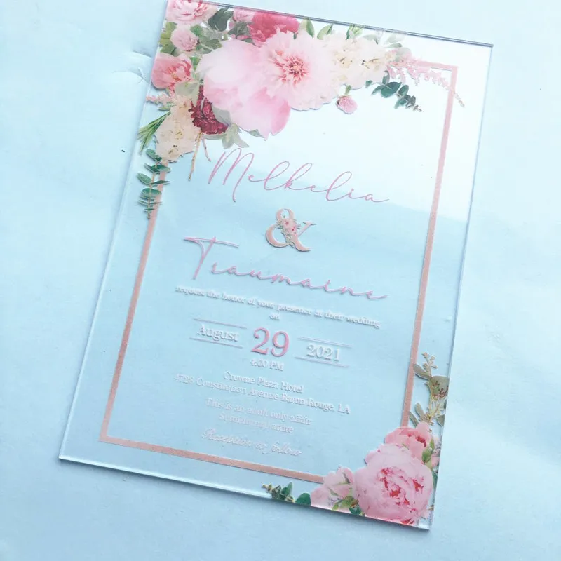 Cartes d'invitation de mariage de fleurs Vintage traditionnelles carte de fiançailles élégante en plexiglas personnalisée avec lop 220707