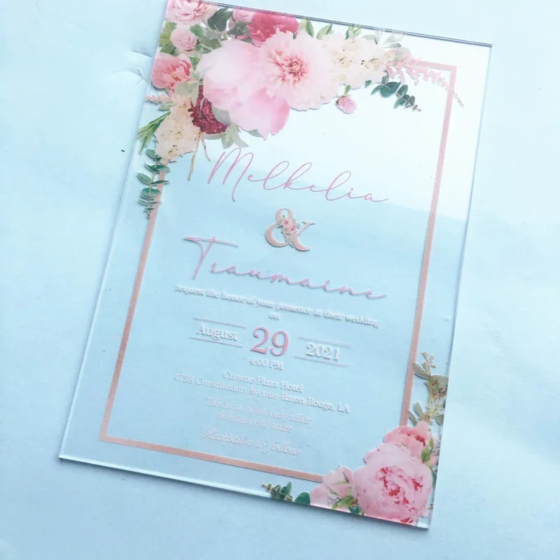 Tradycyjne vintage Flower Wedding Investitation Cards Custom Plexiglass Elegancka karta zaręczynowa z LOP 220707