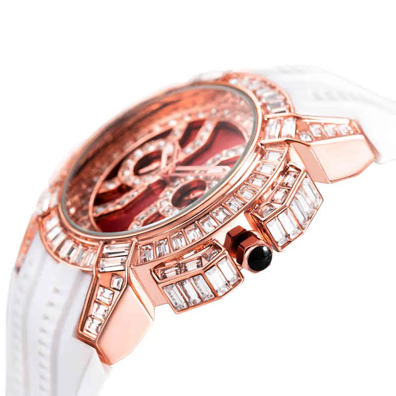 NIEUWE HIP HOP HOORDEN MEN MENS LUXury Brand Epic X Series Rose Gold Baguette Diamond AAA White Rubber Chrono Red Male Watch