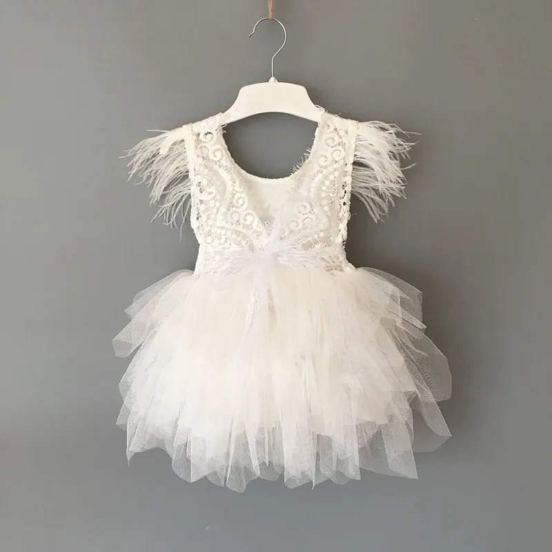 Princess baby feather dress 1st birthday party toddler girls lace flying sleeve summer kids tutu clothing with sashes 220426