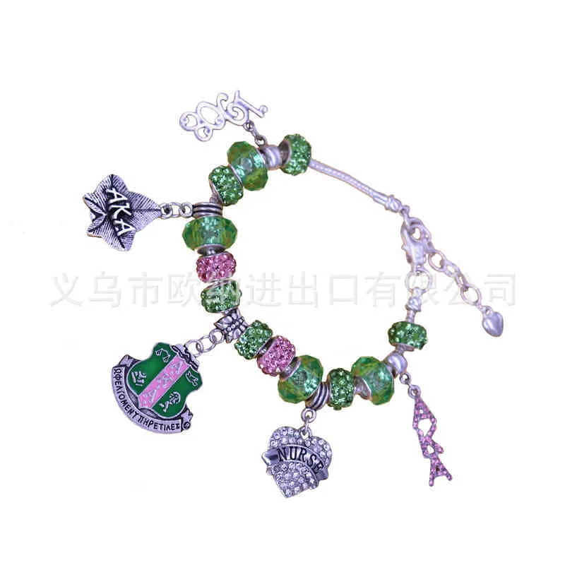 AkA Bracelet à breloques en or rose vert Alpha Kap Alpha Sorority bijoux en or Bracelet de perles Bangle2889129