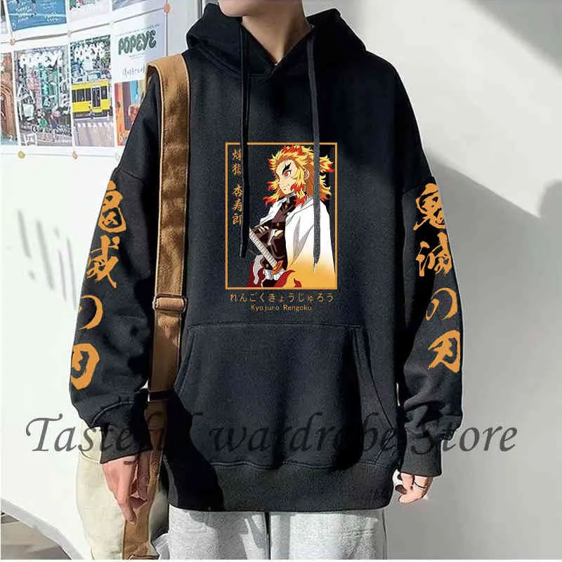 Compra online de Mangas compridas masculinas e femininas anime demon slayer  moletom com capuz masculino feminino kyojuro rengoku moletom inverno  streetwear