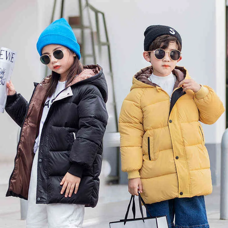 2021 Tiener jongensmeisjes winter warme jas lange stijl mode dikke capuchon bovenkleding jas voor kinderen kinderen buiten windjack J220718