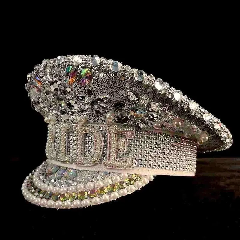 Femmes Sequin brûlant argent mariée militaire à la main marin capitaine sergent anniversaire Festival partie chapeau 220813