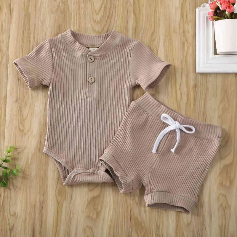 Baby Sommer Kleidung Kind Kleidung Baby Jungen Kurzarm Body Mädchen Shorts Neugeborenen Rippen Solide Outfits Set G220509