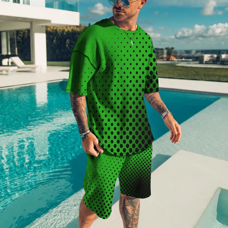 Summer 3D Mens Mens Tshirt مجموعة ألوان صلبة مع نقطة أسود غير رسمية بسيطة شورت قصير الأكمام 2 قطعة 220602