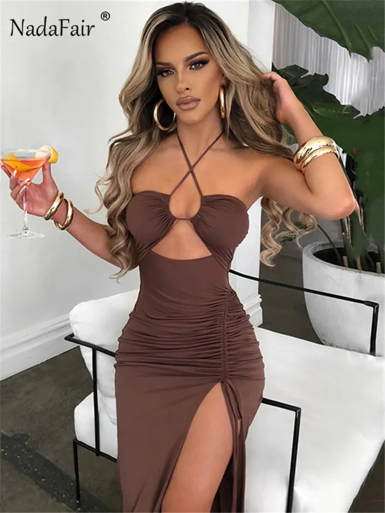 Nadafair Sexy Strapless Bodycon Dress Night Club Party Outfits Women Halter Tied Summer Clothing Cut Out Ruched Maxi 220521