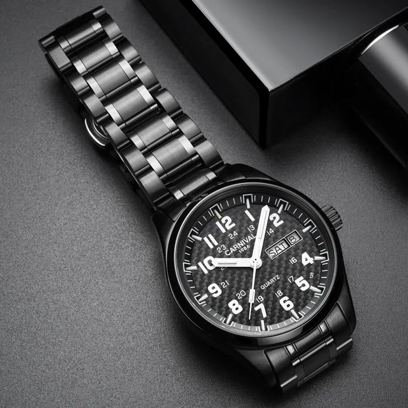 Wristwatches Carnival Top Quartz Watch Men T25 Tritium Luminous Mens Black Full Steel Waterproof Watches Relojes Will22218c