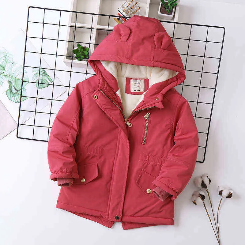 2021 nueva chaqueta de invierno para niñas Keep Warm Plus de terciopelo, chaqueta gruesa con capucha de estilo largo para exteriores para niñas y niños, ropa de abrigo bonita y pesada J220718