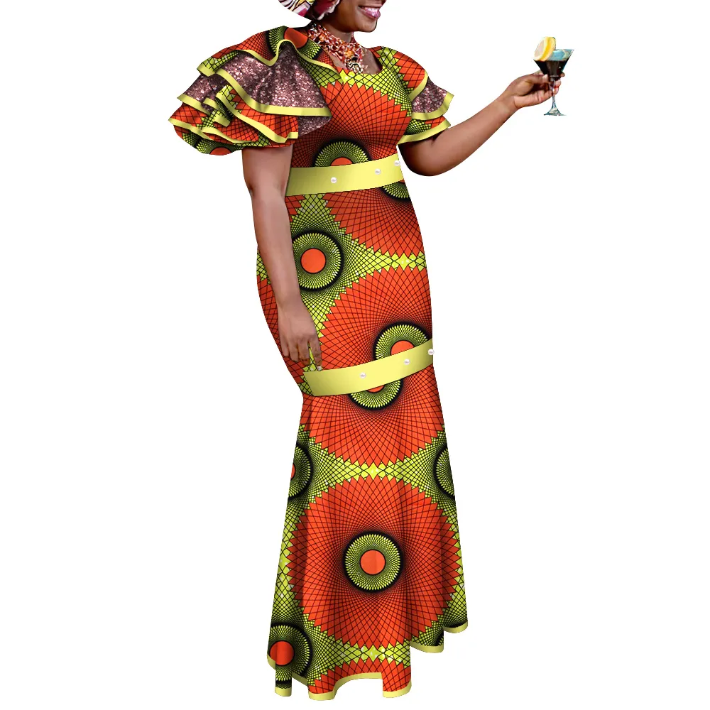 Bintarealwax Afrikalı Kadın Elbiseler İnciler Afrika Pamuk Kumaşdress Boho Stil Uzun Parti Elbiseleri Vestidos WY9718