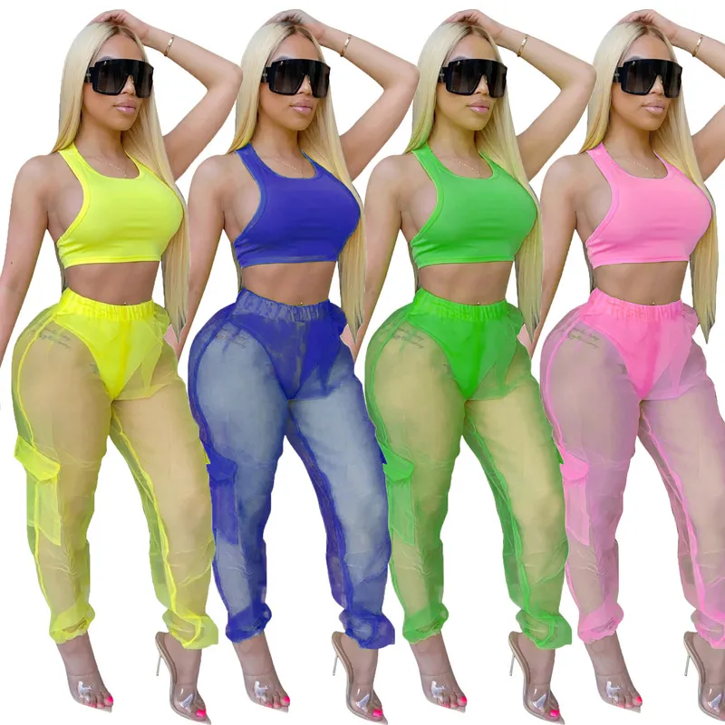 Neon Tracksuit Set Women Crop Top And Transparent Pants Sets Casual Jogging Femme Sportswear Summer Clothes Plus Size