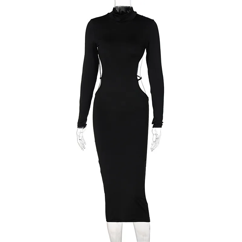 Elegantes, rückenfreies, langärmliges, figurbetontes Kleid für Damen mit schwarzem Ausschnitt, sexy Party-Abend-Midi-Kleider, Herbst-Frau-Kleidung 220406