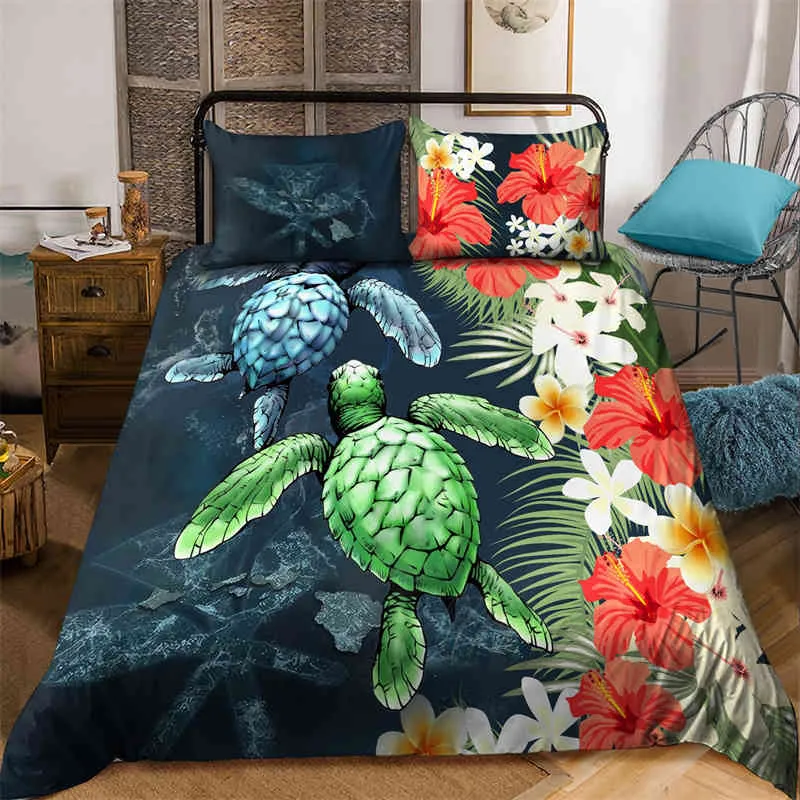 Hibiscus Floral Duvet Cover Tribal Polynesian Turtle Pedding Zestaw Plumeria Hawaiian Comborter Twin Full King for Kids Adult