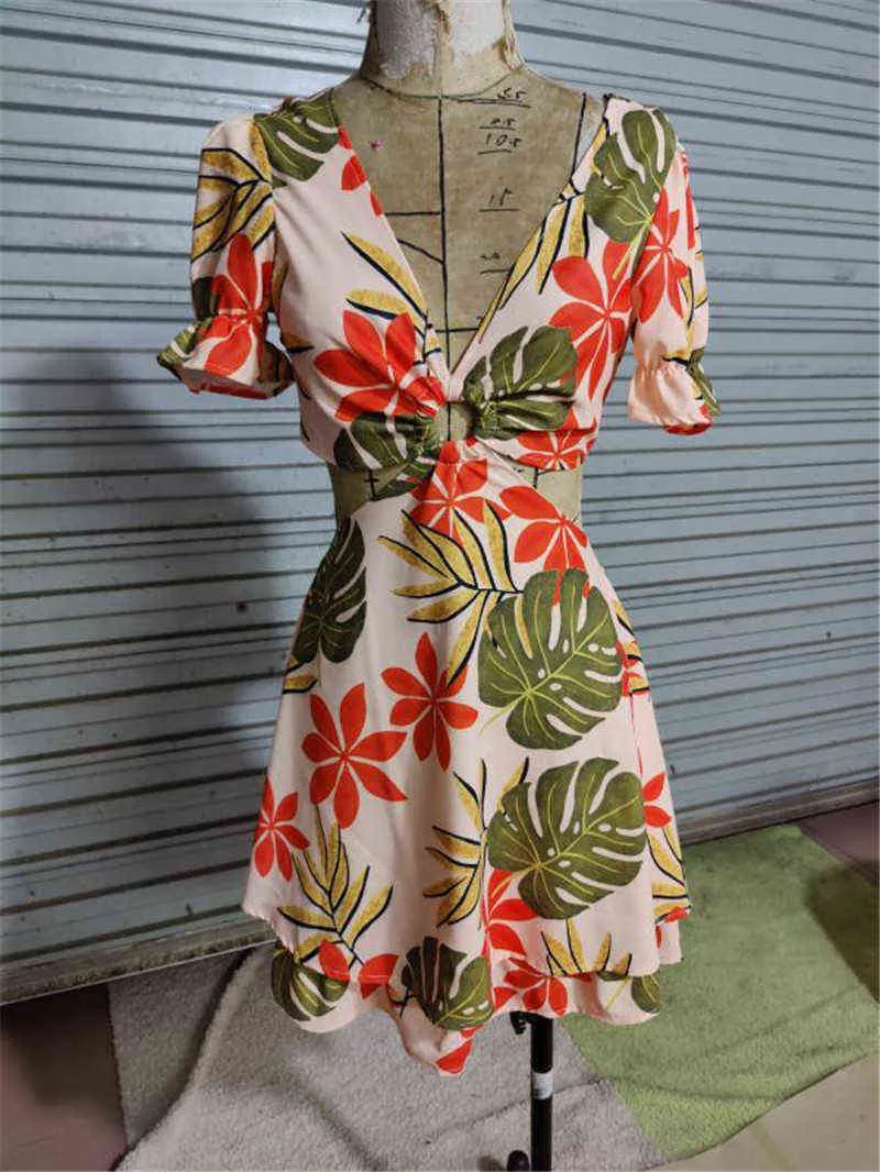 Women Dresses Deep V Neck Multicolor Leaves Print Cut-out O-ring Short Sleeve Pleated Casual Chic Elegant Mini Dress G220510