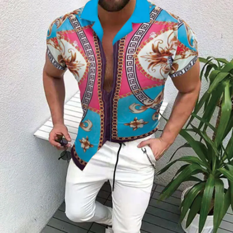 夏の男性服ヨーロッパアメリカンレトロトレンドシャツカジュアルファッションプリントカーディガンメンズ半袖シャツ220527