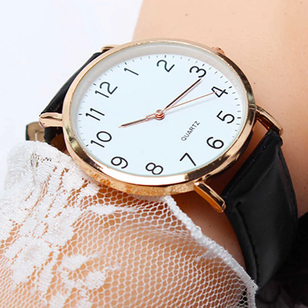 Montre-bracelet unisexe avec chiffres arabes pour femmes, cadran rond minimal, classique, bracelet en cuir noir, à la mode