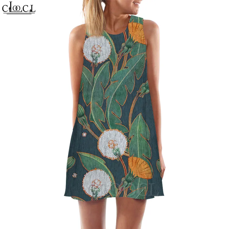 Women Tank Tops Green Leaves Graphics 3D Printed Round Neck Vest Dress Short Sleeveless Dress Mid Length Dresses 220616