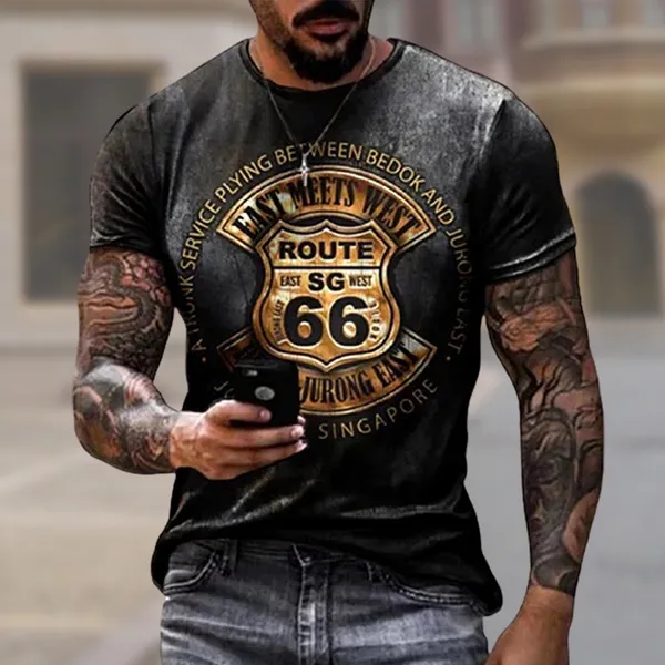 Mens Camisetas Verão Vintage América 66 Rota Impresso Manga Curta Camisetas Masculino Moda Oneneck Oversized Solto Hip Hop Tshirt 220607