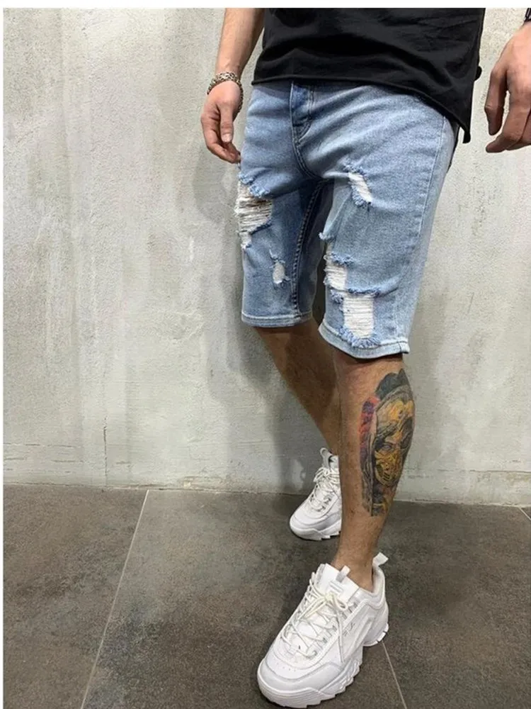 Summer Men's Denim Chino Fashion Shorts Straight Boy Skinny Runway Short Men Jeans Destoyed Ripped Plus Size 220324234s