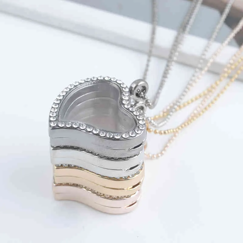 Glass Floating Charm Pendant Necklace Locket Charm Silver Heart Diamond Necklace Alloy Rhinestone Jewelry For Valentine Gift