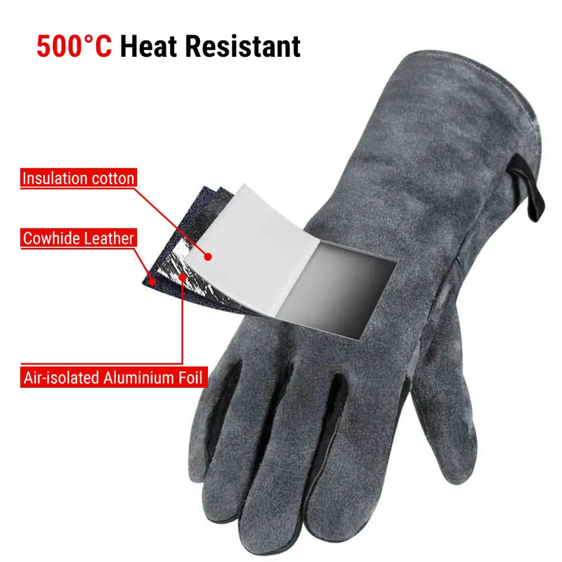 ThermoPro GL02 500 Heat Resistant Grill BBQ Gloves Leather Forge Welding Glove 40CM with Long Sleeve Microwave oven Mitts 220510