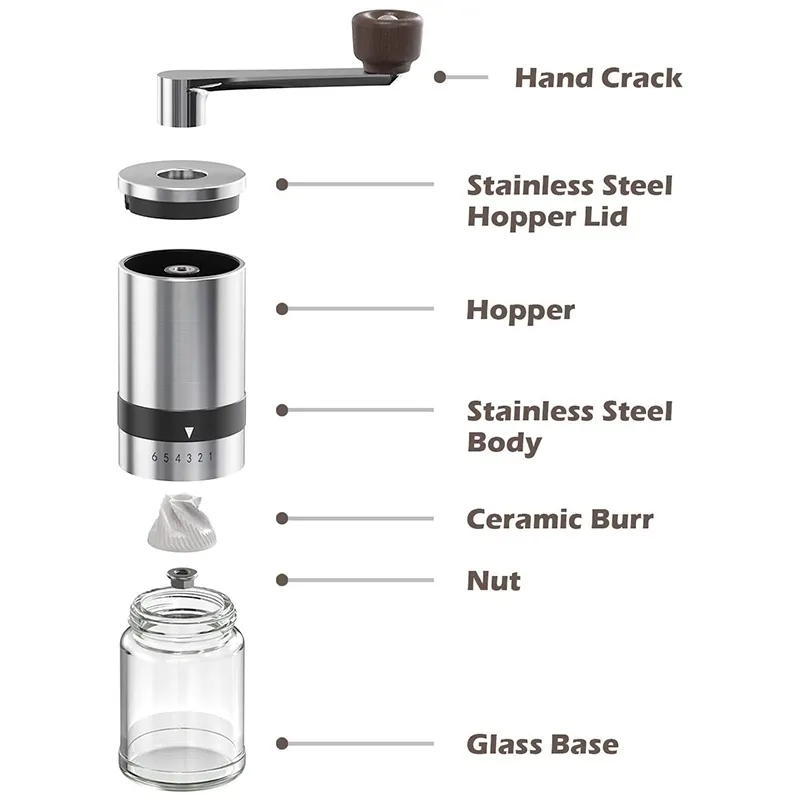 مطحنة القهوة المحمولة المنزلية - مطحنة اليد مع أدوات السيراميك 6 إعدادات قابلة للتعديل أدوات الكرنك 220509