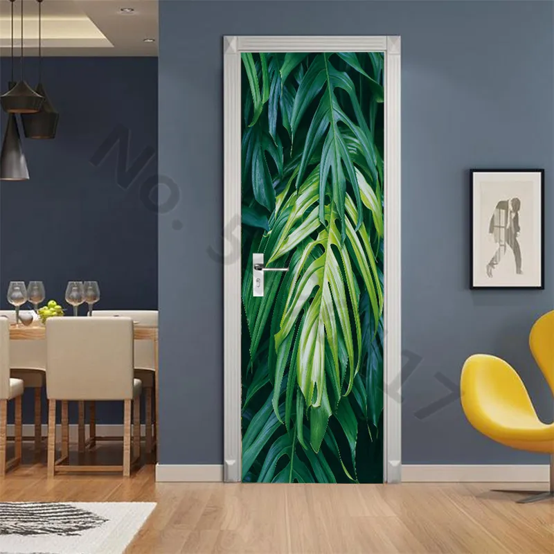 3D Green Palm Leaf Door Sticker Self Adhesive P o Wallpaper For Bedroom Entrance Poster Furniture Decal Home Design Cover 220716