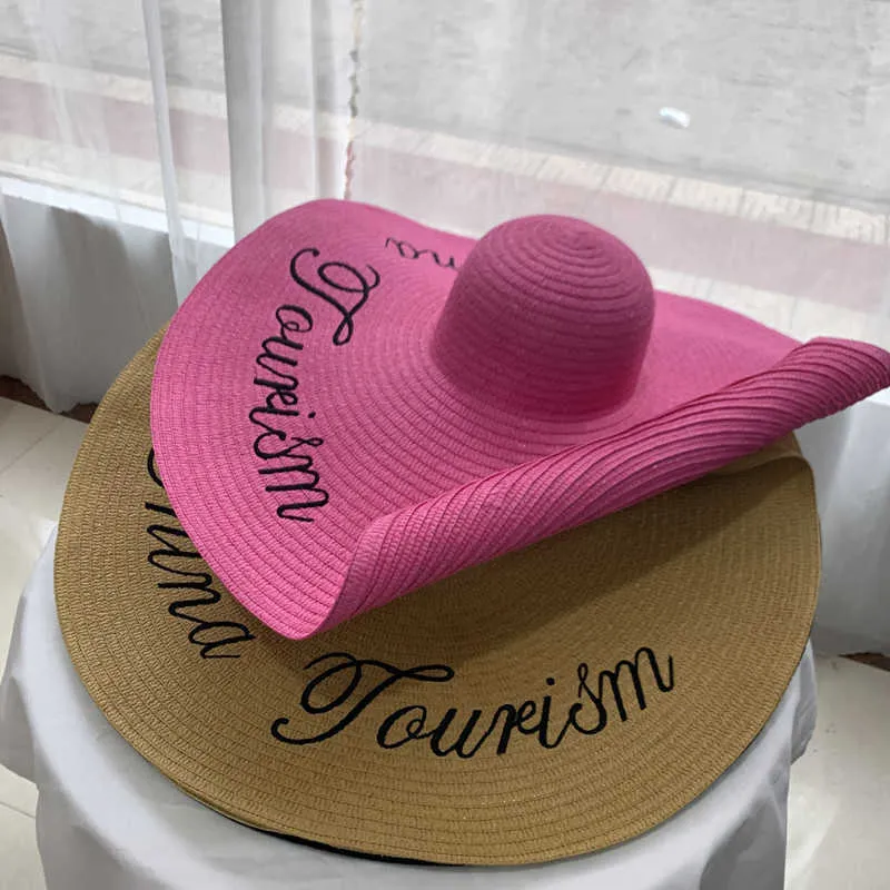 Yaz 70 cm Nakış Mektubu Büyük Boy Hasır Şapka Lady Büyük Brim Plaj Güneş Kızlar Seyahat 35 cm Bahar