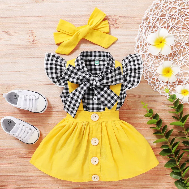 Verano niños nacidos bebé niña a cuadros arco camiseta botón liguero falda diadema trajes 2 piezas conjuntos de ropa niño niña traje 2206013588057