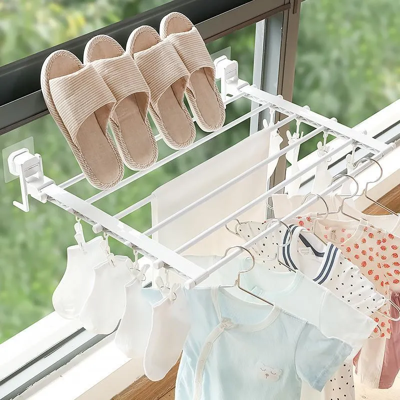 Telescopic Window Drying Rack Free Punching Wall-Mounted Indoor Suction Cup Folding By Sill Clothes Rod by sea