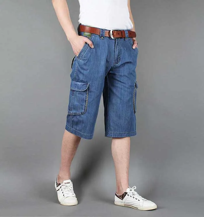 Sommar New Mens Jeans Denim Shorts Cotton Cargo Shorts Big Pocket Loose Baggy Wide Leg Broderi Bermuda Beach Boardshort