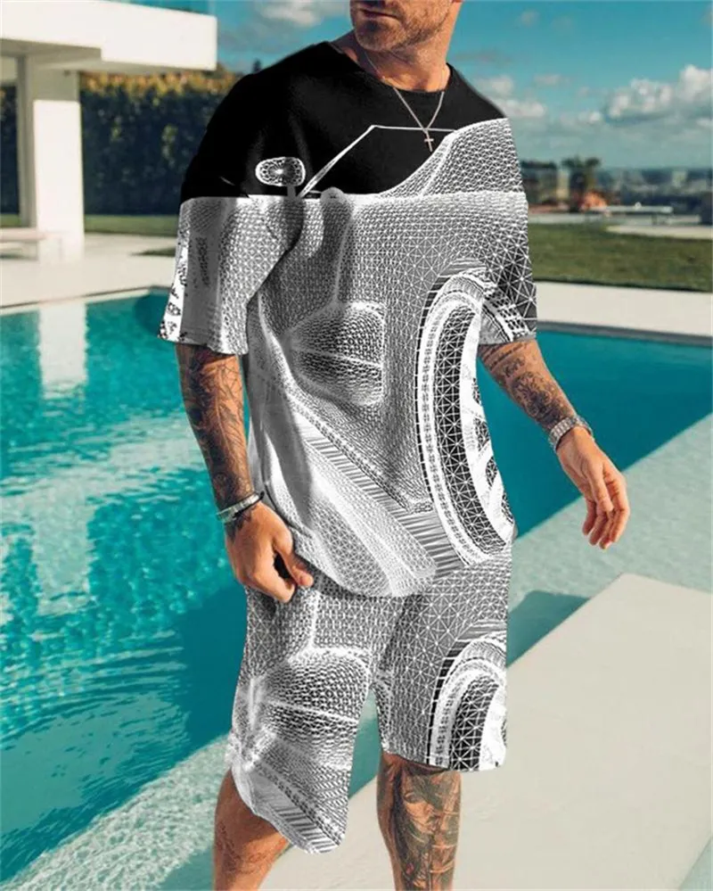 ヨーロッパとアメリカの夏の男性Sトレンドカジュアルビーチスタイルのテクスチャー3Dデジタル印刷Tシャツショーツスーツ220621