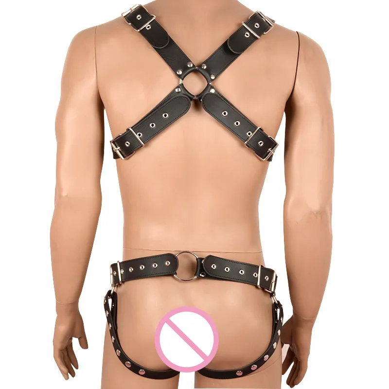 Sexyy Pu Leather Men Men Bondage with Cock Ring Fense Tear Wear Hale Body Body Bold Products Erotic Sexy Products