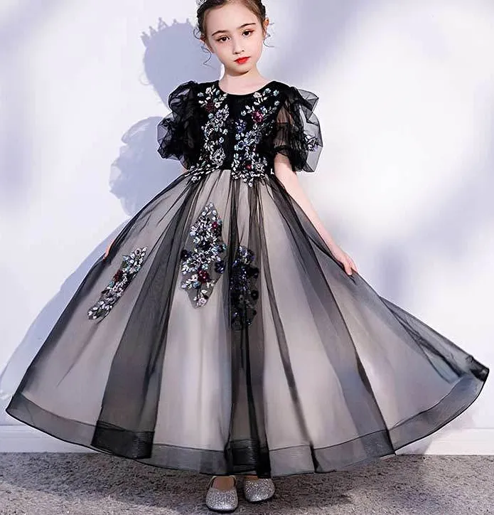 Högkvalitativ tjej Pageantklänningar Black First Holy Communion Dresses For Girl Tulle spetsbefäl Toddler Pageant Flower Girl Dress for Wedding and Birthday