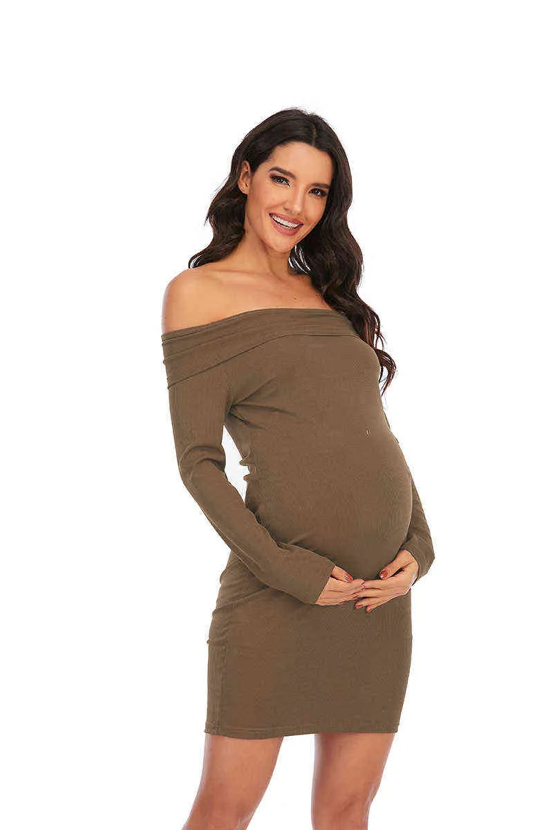Moderskapsklänning avslappnad fast färg en-axel långärmad klänning för gravida kvinnor kläder fotografering sexig mager vestidos g220309