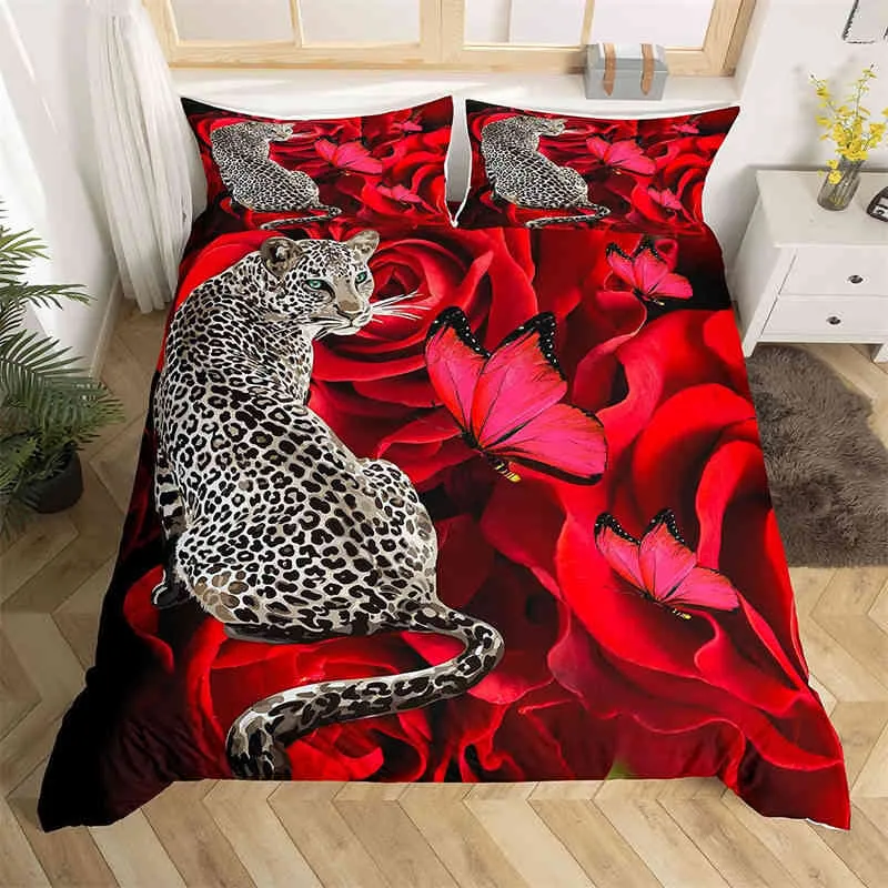 ローズフローラルヒョウ掛け布団カバー3Dアニマルテーマの寝具セットロマンチックな赤い花布団女の子カップルベッドルームの装飾
