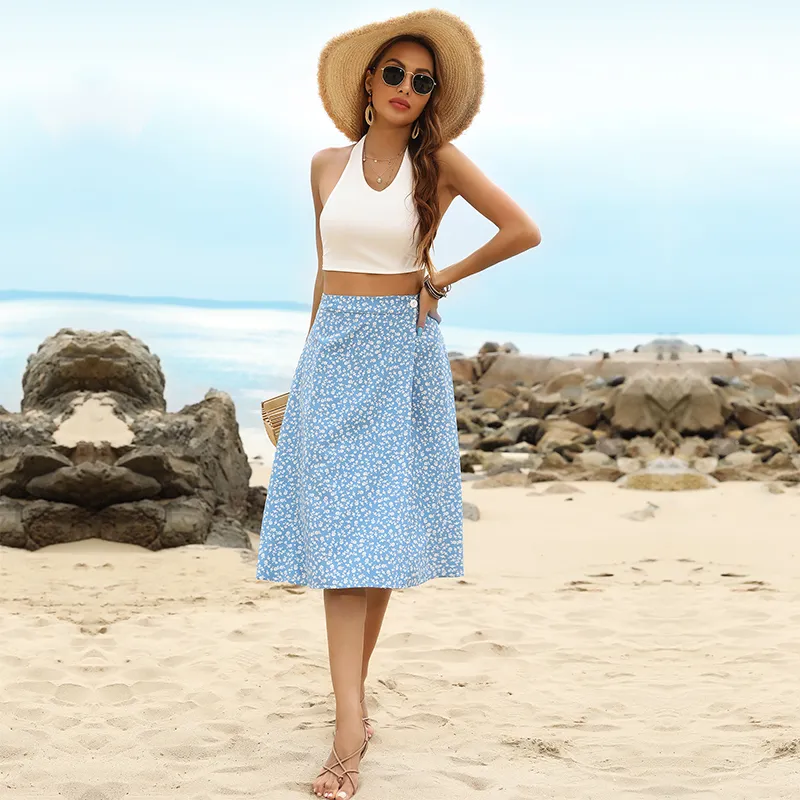 Zomer Midirkirt Women Chiffon Midi Slit Skirts Hoge taille Bloemprint Fashion Beach Elegant Wrap Rok Vrouw Aline Outfit 220611