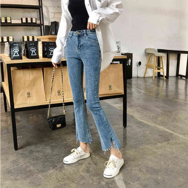 N0032 New Women Micro-Flare Pants High Waist Tight Skinny Explosion Style Slit Nine-Point Jeans L220726